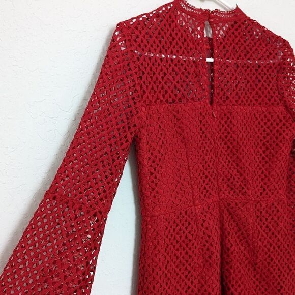 Women's Aqua Eyelet Mini Dress Red Bell Sleeve Geometric Lace Small Mock Neck - Picture 8 of 11